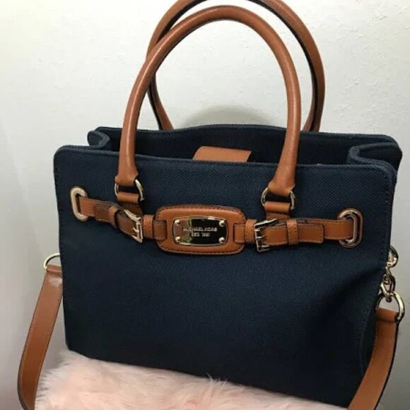 Michael Kors Canvas Hamilton Bag Blue & Tan Leather Trim - Picture 9 of 9